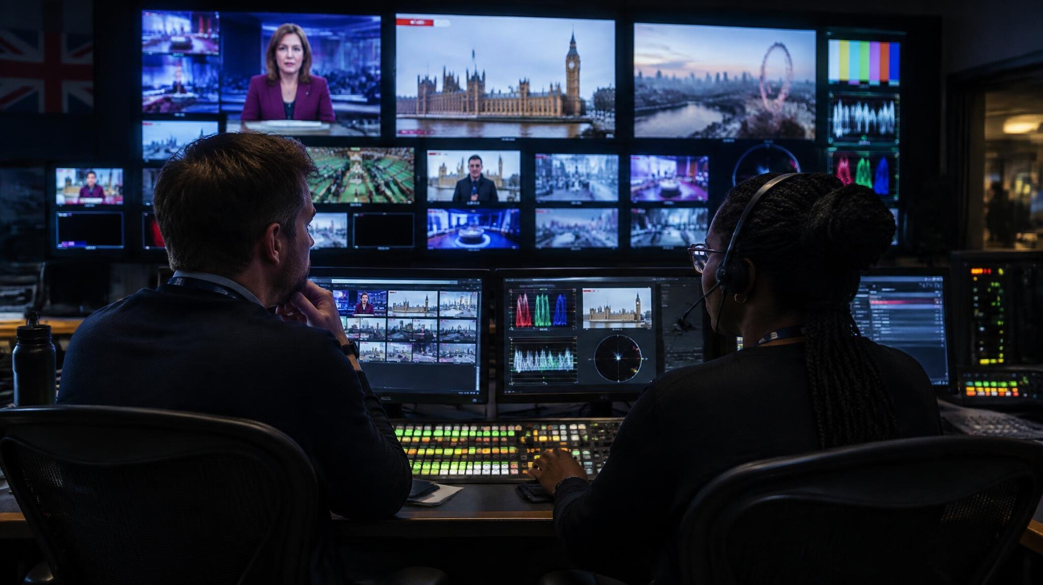 Broadcast engineers monitoring live signal feeds in a television control room