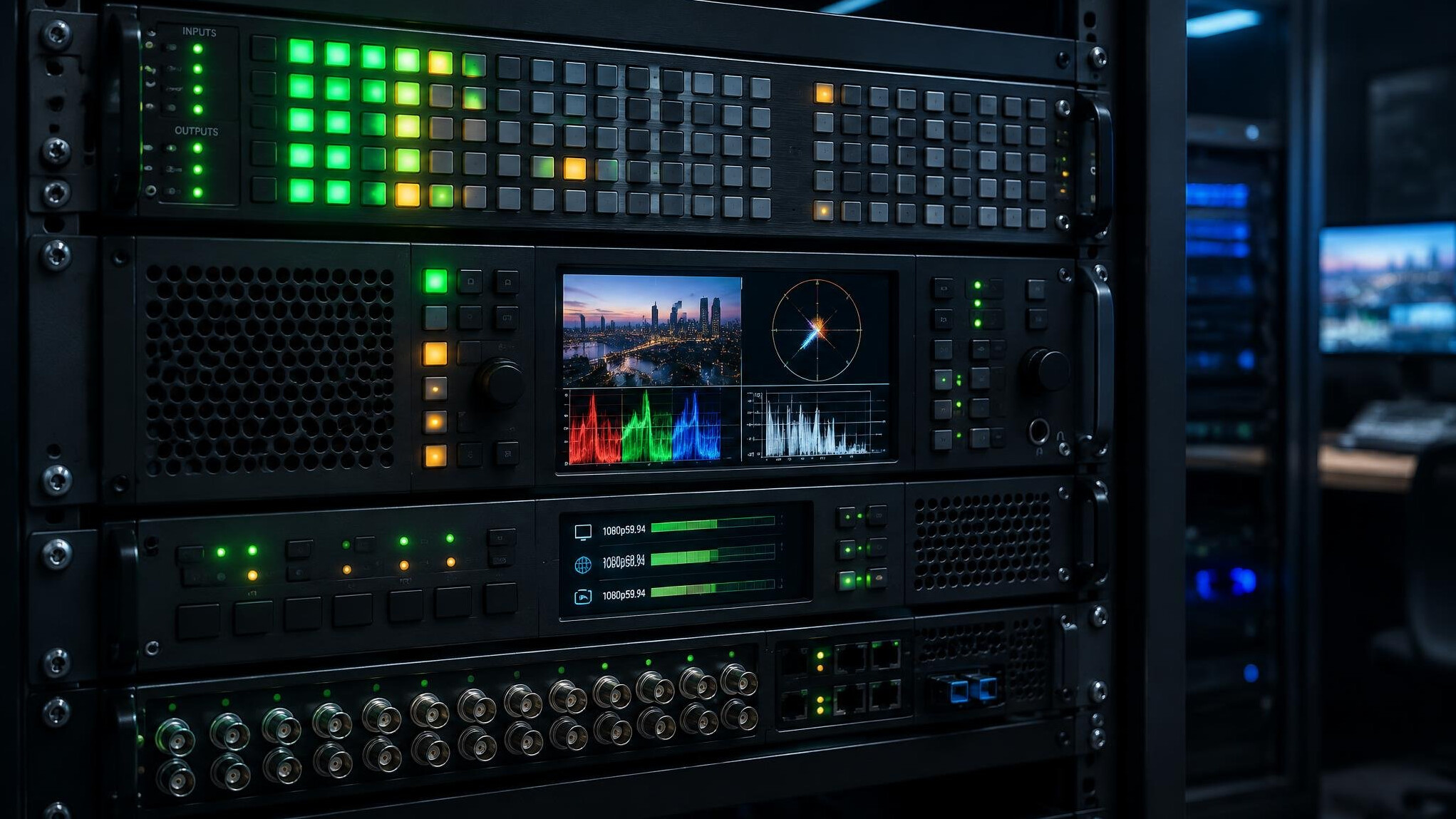 Rack of broadcast signal routing and encoding equipment