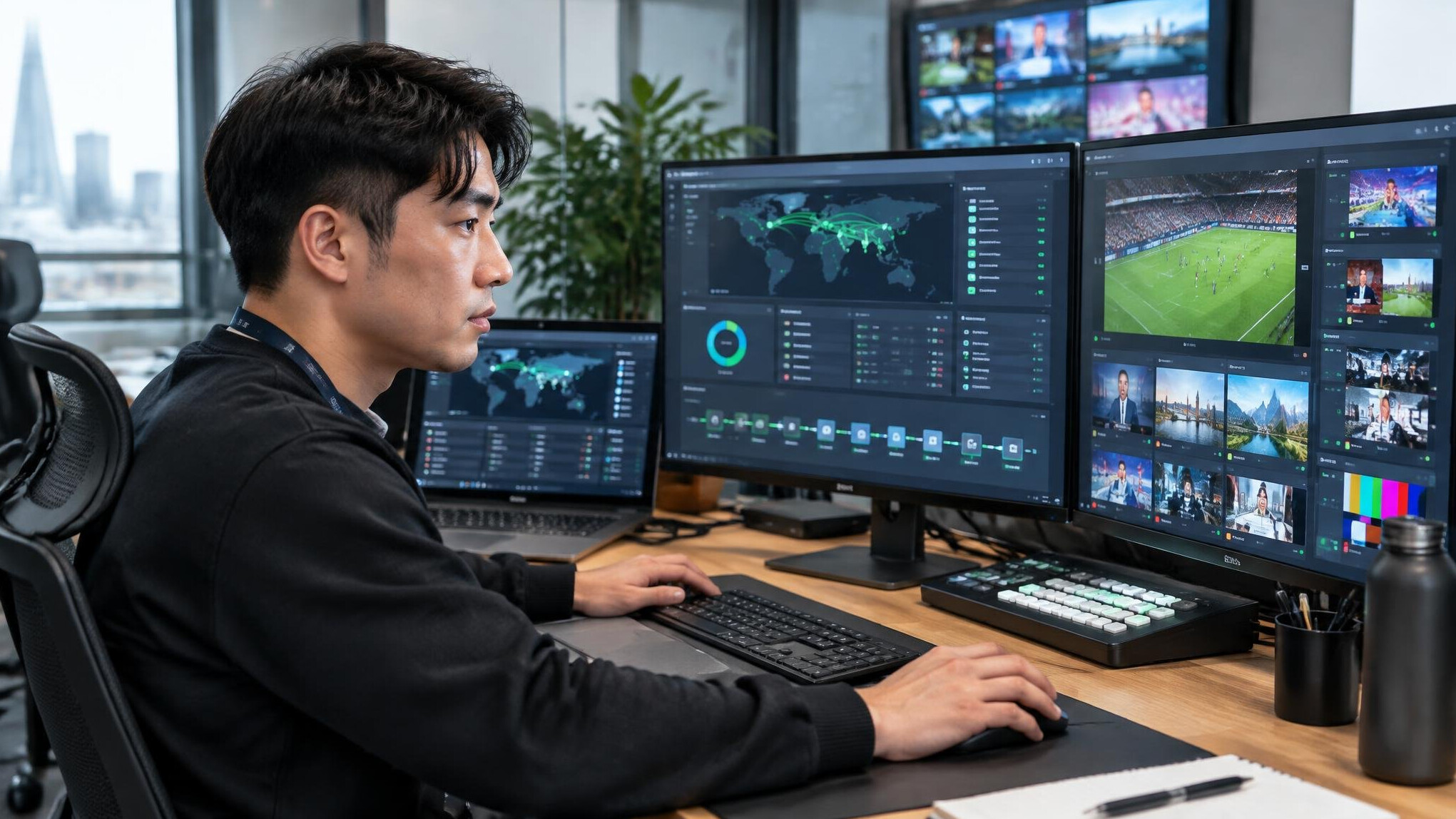 Media technician managing content distribution across multiple screens
