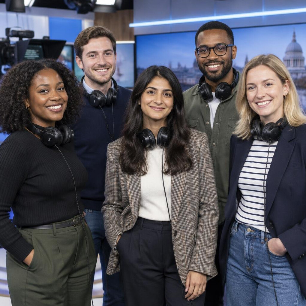 Diverse team of UK broadcast production staff standing together in a studio